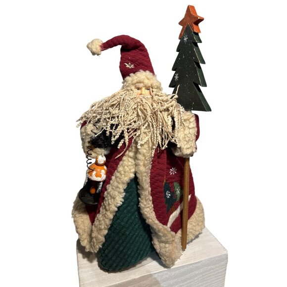 Rustic Santa Claus Tree Topper Figurine Wood Tree & Lantern 14" Quilted Christma - Picture 1 of 8